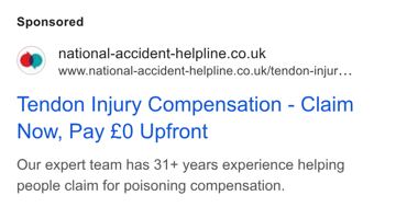 National Accident Helpline ad — Tendon injury compensation, £0 upfront