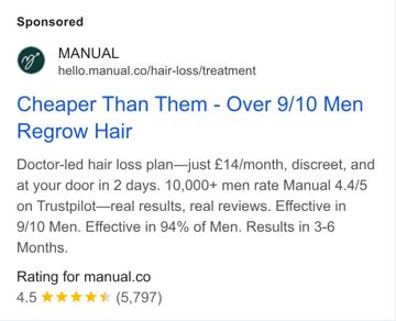 Manual ad — Cheaper Than Them, Hair Regrows in 3-6 Months