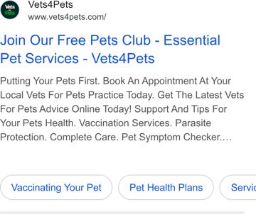 Vets4Pets ad — Join free pets club, book vet appointment