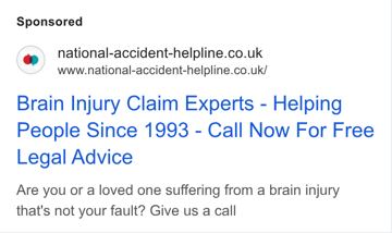 National Accident Helpline ad — Brain Injury Claim Experts - Free Legal Advice