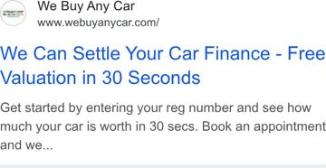 We Buy Any Car ad — Settle car finance with free 30-second valuation