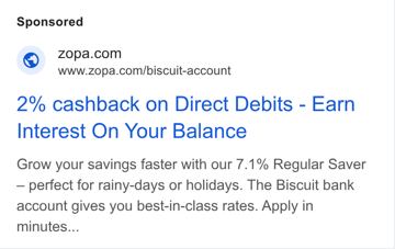 Zopa ad — 7.1% savings rate with 2% cashback on Direct Debits