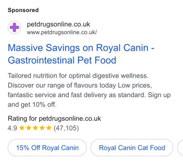 Pet Drugs Online ad — Massive savings on Royal Canin gastrointestinal pet food