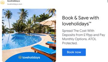 loveholidays ad — Book and save — spread cost from £19pp deposits