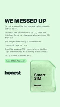 Honest Mobile ad — Second SIM connecting to EE, O2, Three, Vodafone from £3.75/month