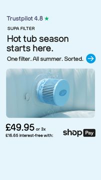 Supa Heater ad — One filter covers your hot tub all summer long