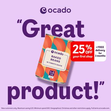 Ocado ad — Great product — 25% off your first Ocado shop